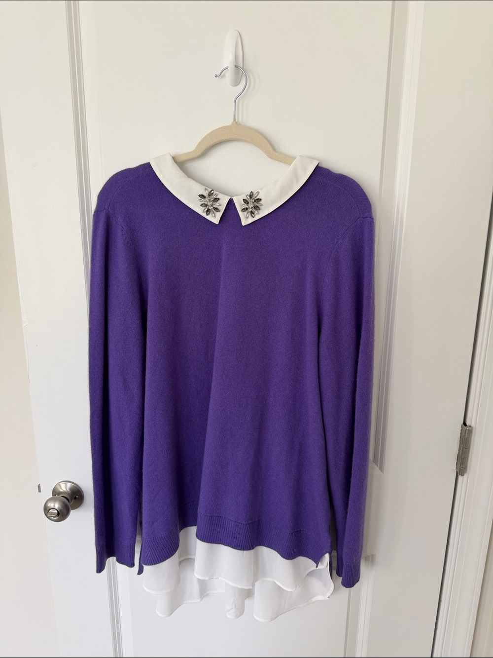 Charter Club Purple Crewneck Sweater with White Jeweled Peter Pan Collar